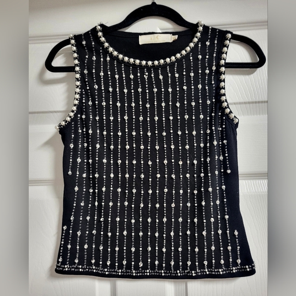Lizette Collection Black Fitted Tank Top with Embellished Stripes